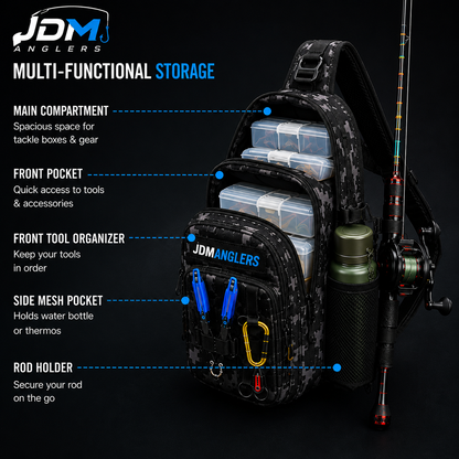 JDM Anglers Tactical Fishing Sling Bag – Rod Holder & Gear Storage