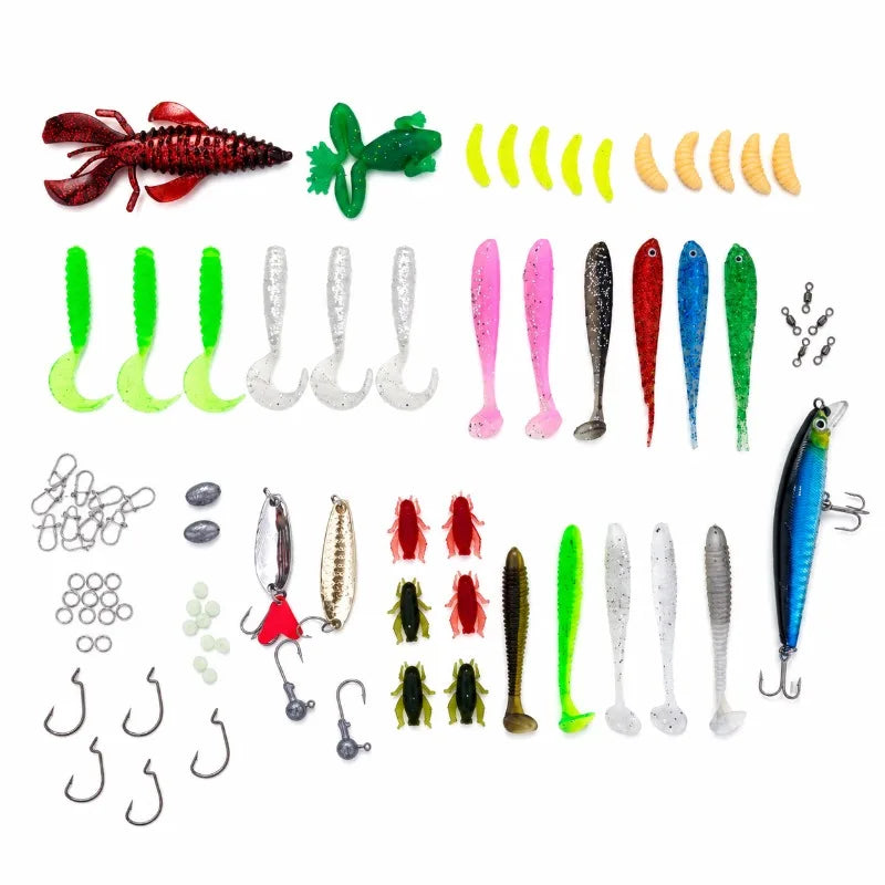 84/107-Piece Fishing Lure Kit – Soft & Hard Baits with Hooks