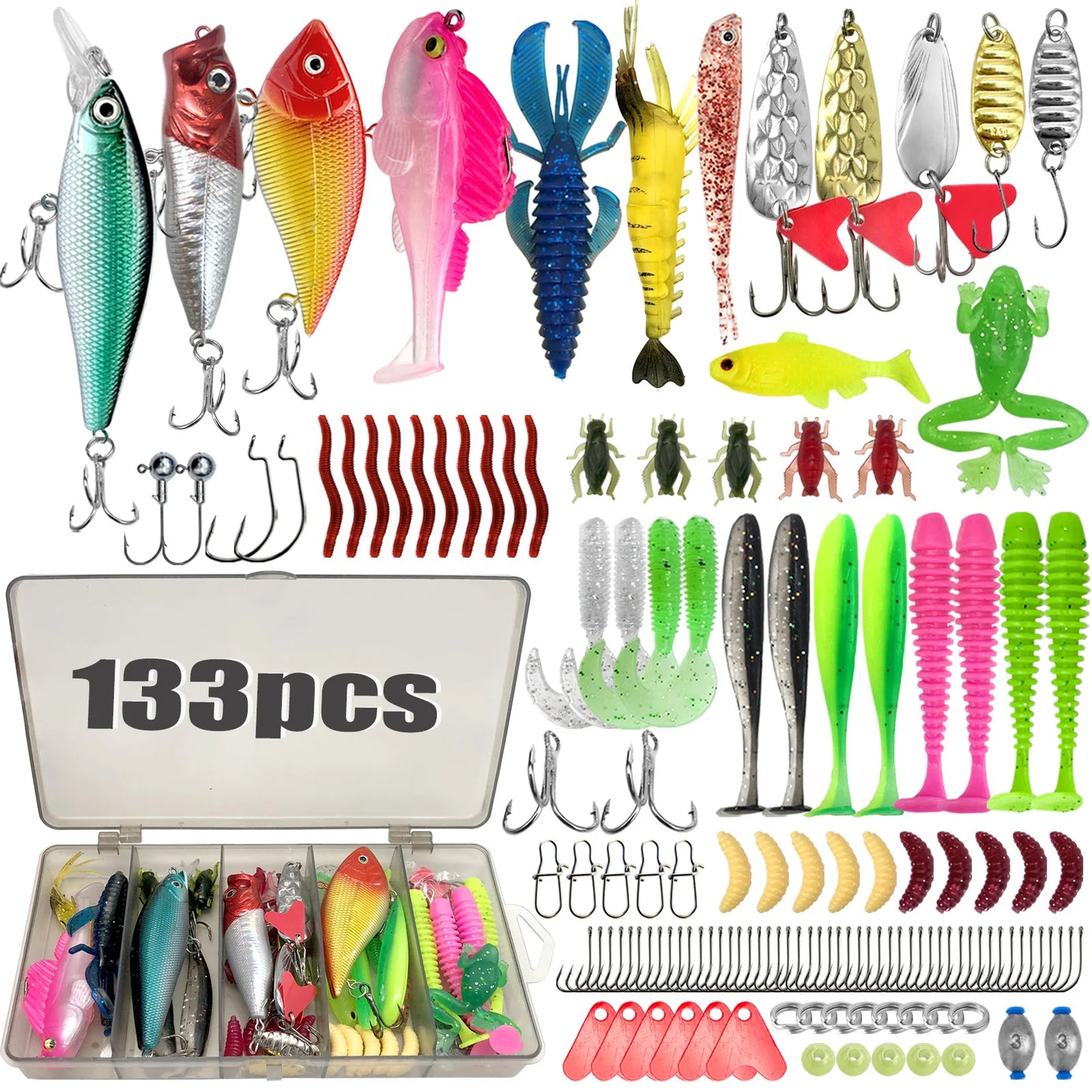 84/107-Piece Fishing Lure Kit – Soft & Hard Baits with Hooks